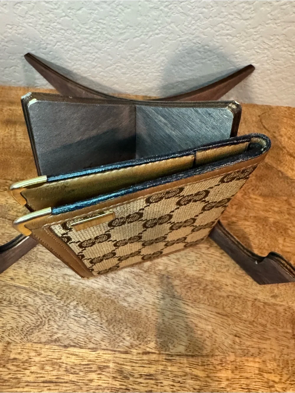 Gucci Monogram Canvas and Leather Bi-Fold Wallet with Gold Accent